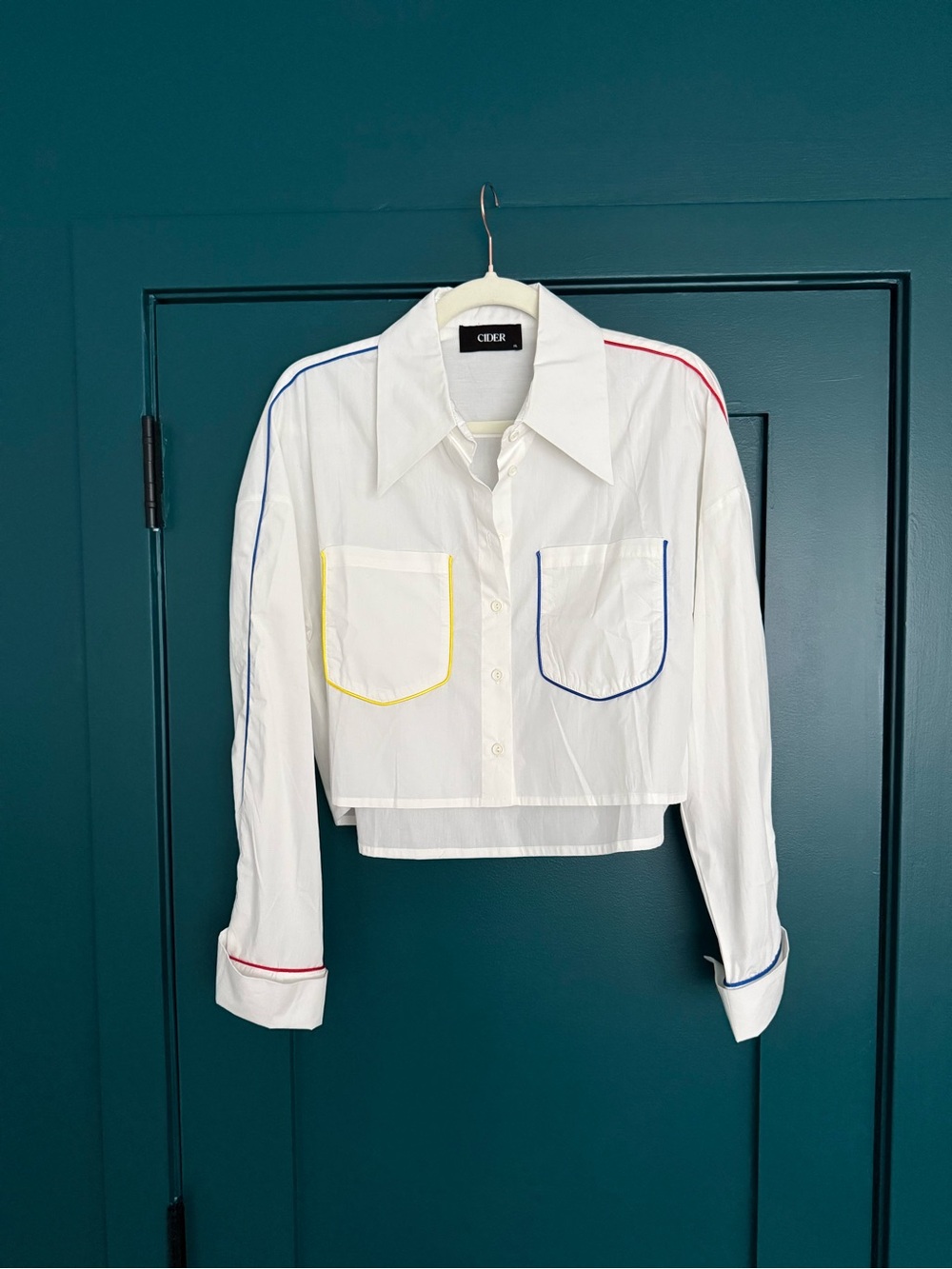 Cider White Crop Top with Red, Blue & Yellow Piping